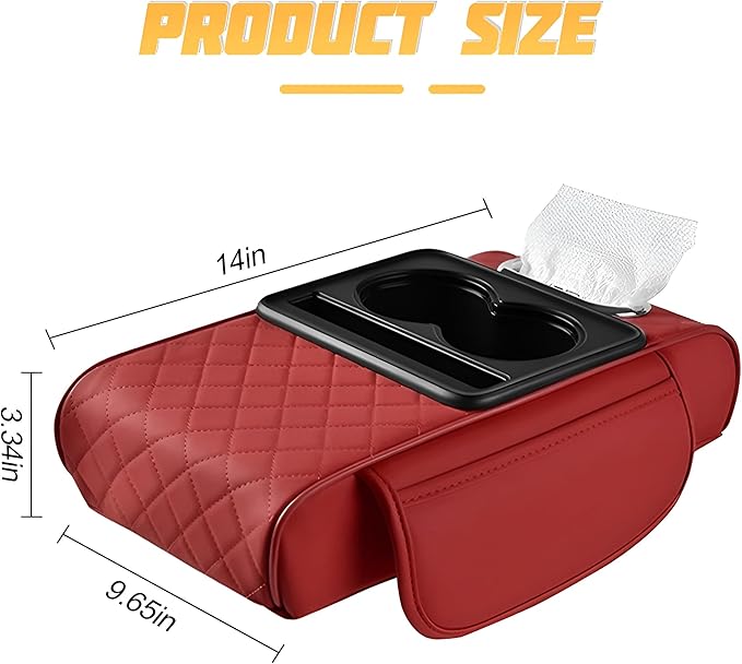 Car Center Console Armrest Pillow, Memory Foam Leather 4 in 1 Vehicle Arm Rest Cover with Tissue Box 2 Side Storage Bag Cup & Phone Holder, Auto Armrest Cushion, Universal Fit (Wine Red)