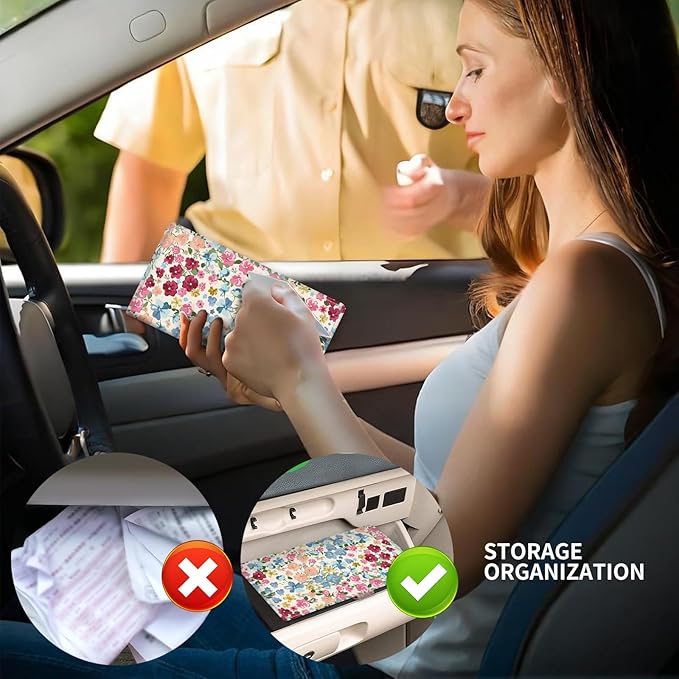 ADUQLZUX Leather Car Registration and Insurance Card Holder, Cute Car Accessories Vehicle Glove Box Car Organizer for Documents, Cards, License Colorful Cute Flowers