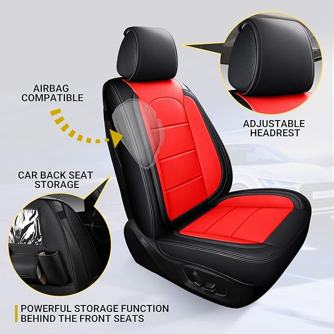 AOOG Leather Car Seat Covers with Car Backseat Organizer, Universal fit Automotive Vehicle Most Sedan SUV Pick-up Truck (Full Set, Black&Red)