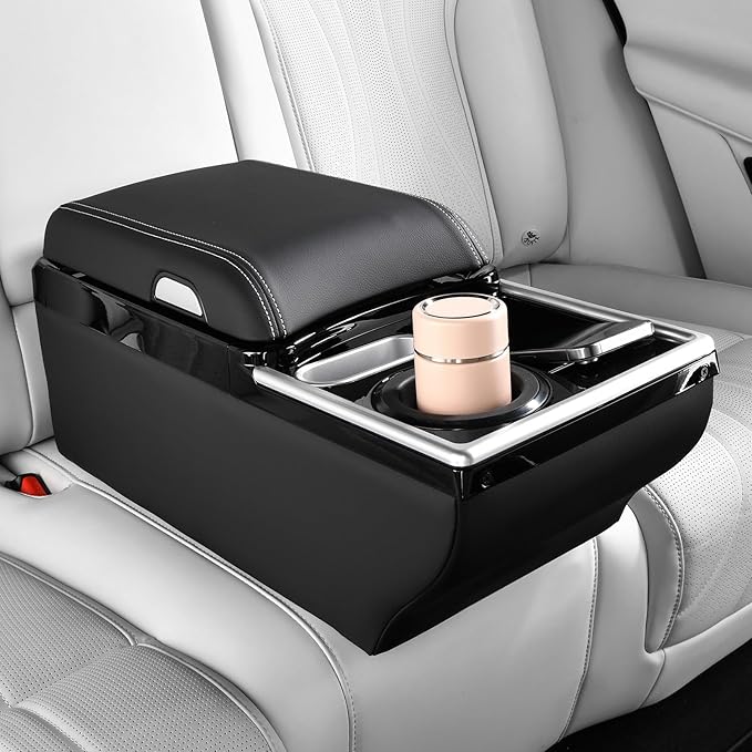 Coverado Center Console, Universal Bench Seat Center Console, Truck Back Seat Car Organizer with Cup Holder, Rear Central Car Armrest Box with Storage, Black