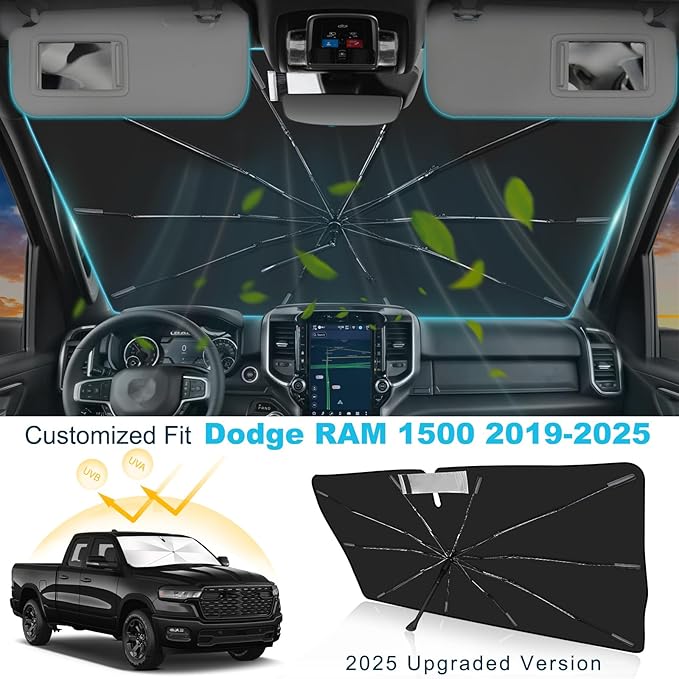 2025 Upgrade Windshield Sun Shade Umbrella Custom Fit for Dodge RAM 1500 2019-2025 Foldable UV Protection Car Cover, Emergency Rain Shield & Dashboard Protector - Durable Auto Accessory