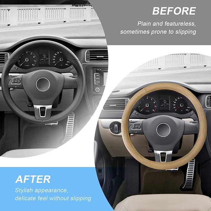 15 Inch Leather Steering Wheel Cover, Breathable Anti-Slip Steering Wheel Protector Cover, Elastic Soft Comfortable Universal Wheel Cover for Men and Women, Car Accessories (Beige)