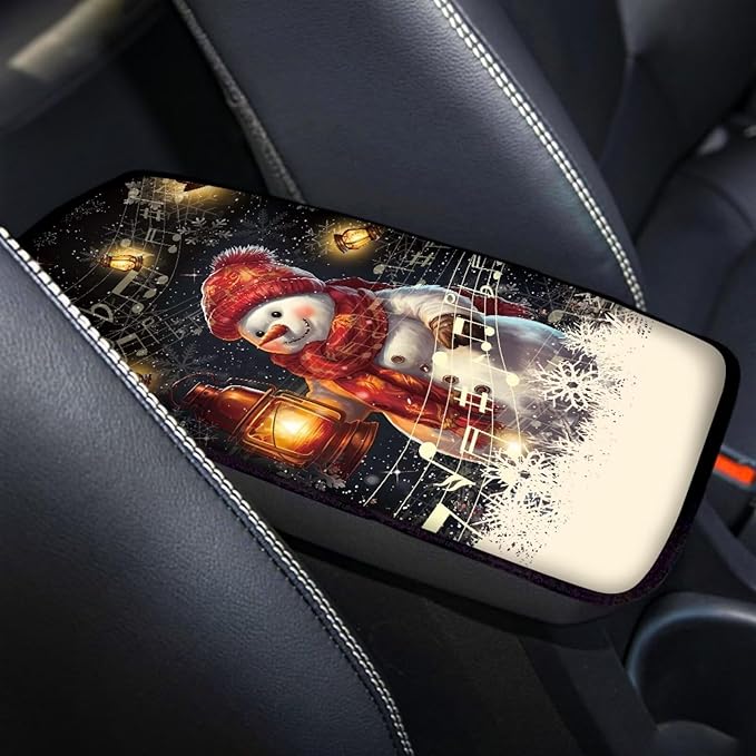 Mintutlipy Christmas Snowman Print Car Armrest Cover Soft Cushion Automotive Center Console Pad Cover Soft Comfort Fabric Easy to Install