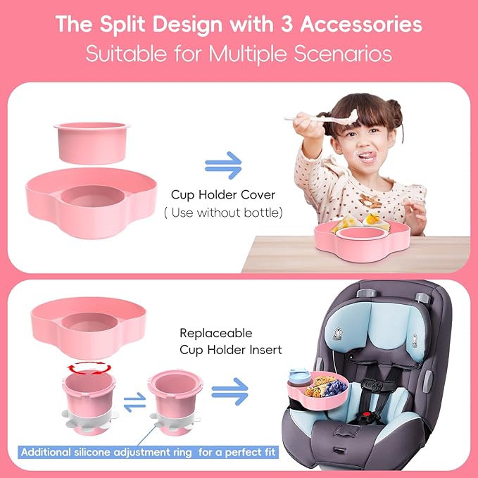 2PCS Resptasski Car Seat Cup Holder Snack Tray for Kids – Travel Tray for Car, Booster, Stroller, Outdoor Kit. Universal Adjustable Tray with Detachable Base for Snacks, Toys, Food (Sky Blue & Pink)