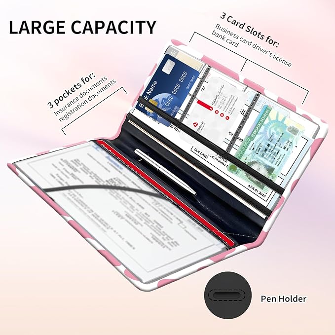 BAUCIWLD Premium Car Registration and Insurance Card Holder, Cute PU Leather Car Document Holder, Vehicle Glove Box Car Organizer with Magnetic Closure for Driver License, Cards Pink Cow Print