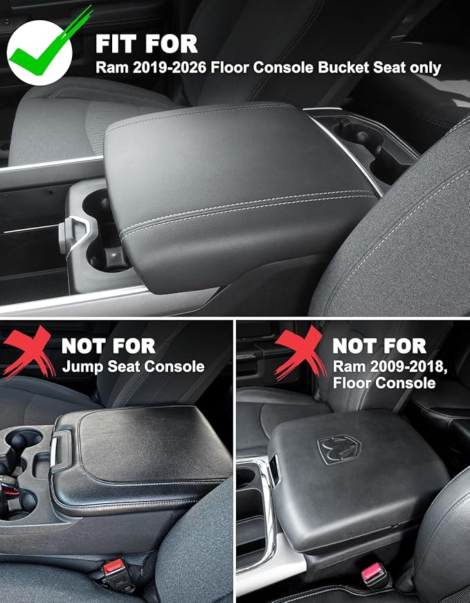 Center Console Cover for 2019-2026 Dodge RAM 1500 2500 3500 Accessories, PU Leather Middle Console Cover Pad, Floor Console Bucket Seat Only, Anti-Scratch, Black