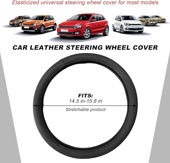 15 Inch Leather Steering Wheel Cover, Breathable Anti-Slip Steering Wheel Protector Cover, Elastic Soft Comfortable Universal Wheel Cover for Men and Women, Car Accessories (Black)