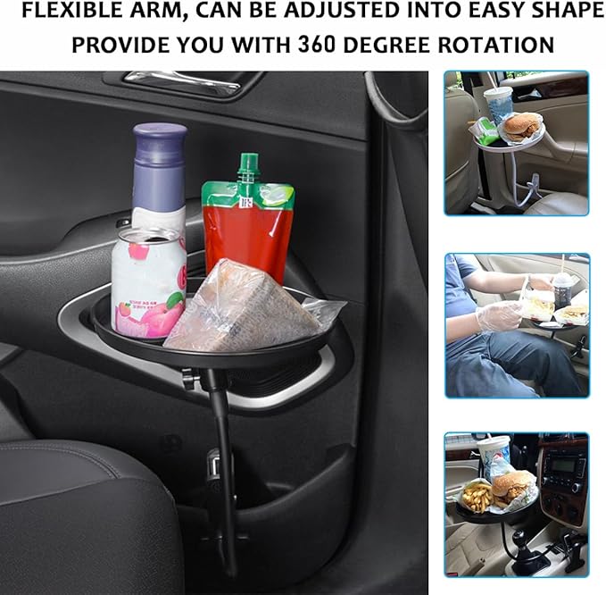 Adjustable Food Tray for Car, 360° Swivel Non-Slip Car Food Table for Drinks and Snacks, 8.7 Inches Diameter Swivel Car Clip Type Tray for Eating, Universal Car Accessories (White)