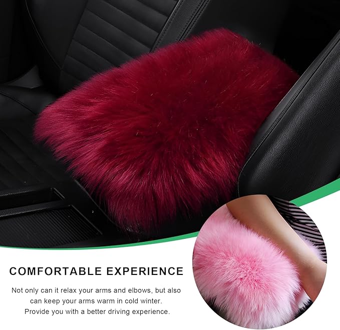 Furry Car Center Console Cover Pad, 11.8"×7.9" Auto Fluffy Plush Center Armrest Protective Cover, Comfortable Fuzzy Armrest Seat Box Protector Cushion for Cars Trucks SUVs (Wine Red)