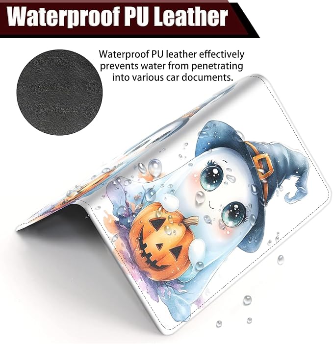 Car Registration Holder, PU Leather Vehicle Glove Box Organizer for Driver License,Document, Car Insurance Holder with Magnetic Shut, Auto Paperwork Wallet Accessories, Cute Ghost + Pumpkin Halloween