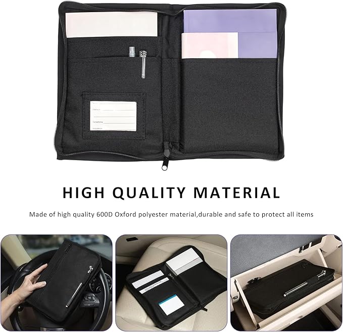 Car Registration Insurance Holder, Auto Glove Box Compartment Document Organizer Owner Manual Case, Multi-Pocket Zippered Storage Pouch for Driver's Licenses Cards Pens