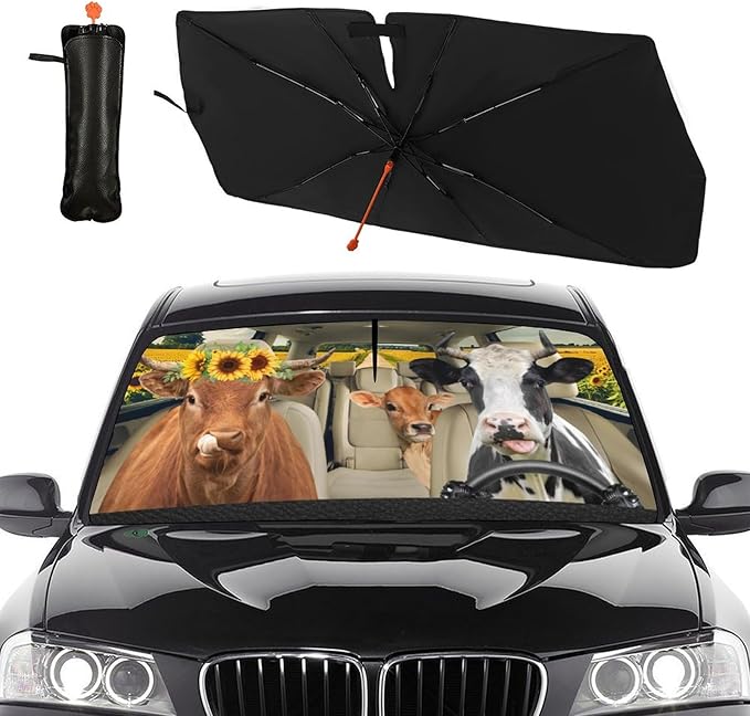 DOPINDU Cow Print Car Windshield Sun Shade Umbrella Bendable Handle Foldable Funny Sunshade for Car Windshield Block UV Rays Keep Vehicle Cool for Most Sedans SUV Trucks Cars 57"x30"