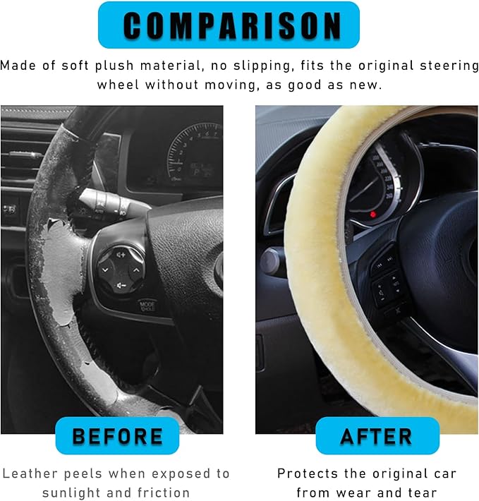 Augeny Fuzzy Car Steering Wheel Cover, Anti-Slip Soft Plush Steering Wheel Protector, 15 Inch Elastic Wheel Covers, Universal Vehicle Interior Winter Warm Accessories for Men Women (Beige)