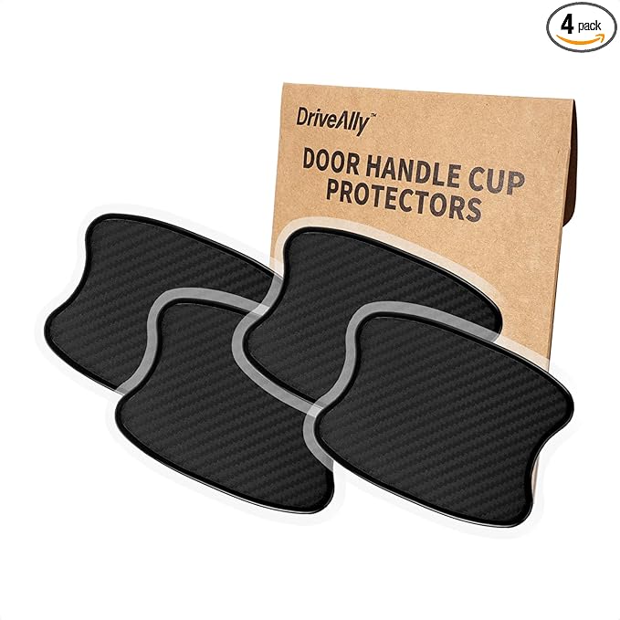 DriveAlly 4Pcs Silicone 3D Carbon Fiber Texture Car Door Handle Cup Protectors Paint Scratch Protector Sticker Vehicle Exterior Accessories 1.5mm Thick Scratch Guard Sticker (Black, Small)