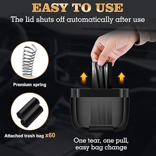 2 Packs Car Trash Can with Lid，Built-in Storage Garbage Bag，Leakproof Vehicle Trash，Car Accessories for Interior,Mini Garbage Bin for Automotive, Office, Kitchen,Bedroom，with 60pcs Trash Bags