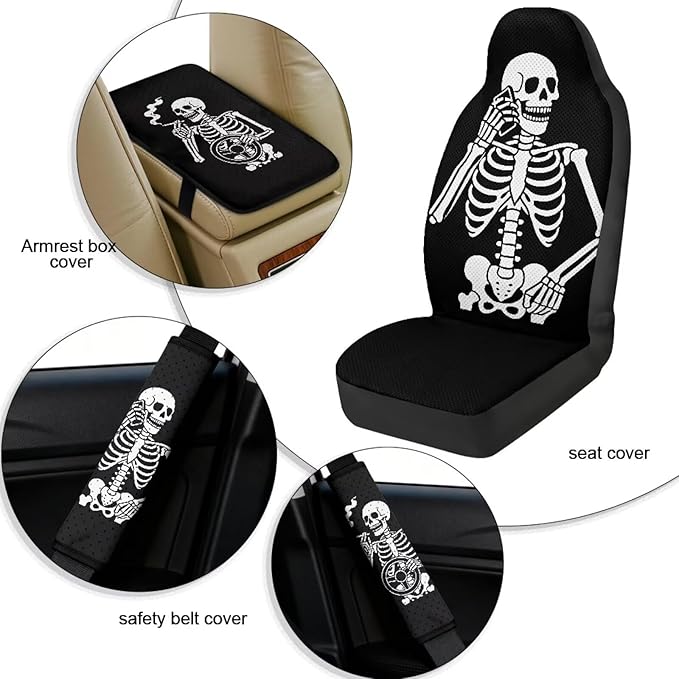 Qeluxign Funny Skeleton Automotive Seat Covers 5 Piece Universal Fit Car Accessories with Soft 2 Pack Seat Belt Cover Pads and Center Console Armrest Covers for SUV Truck Interior Set