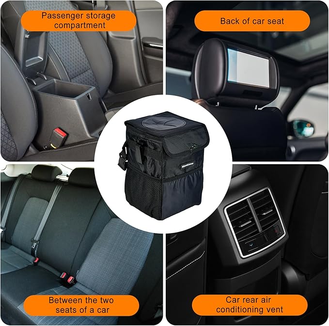 Car Trash Can with Lid - Car Trash Bag Hanging Waterproof with Storage Pockets, Collapsible and Portable Multipurpose Trash Bin for Back/Front Seat/Console, 1.85 Gallons, Black