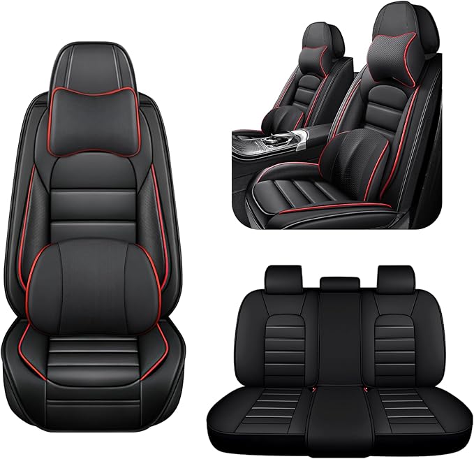 AREKA 5 Car Seat Covers for Subaru Crosstrek 2016-2026 Breathable Leather,Waterproof Car Seat Protectors with Comfort Headrest Pillows,Automotive Vehicle Cushion with Storage Pockets (Luxury,Redline)