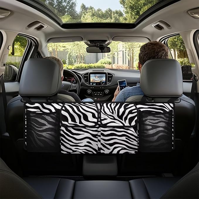 Hanging Trunk Organizer, Zebra Stripe Foldable Car Trunk Organizer Back Seat with 4 Large Pockets, Hanging Trunk Organizer Universal for Vehicles (with Mesh Bag)