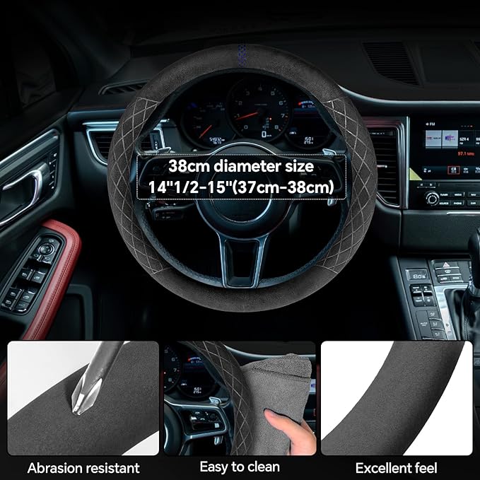 PAUUOOA Alcantara Sports Steering Wheel Cover 14.5" to 15" Fit - Anti-Slip Comfort Grip, Durable Soft Suede-Feel Luxury Material for Men Drivers | Fits Sports Cars, Luxury Cars, Sedans, SUVs and EV
