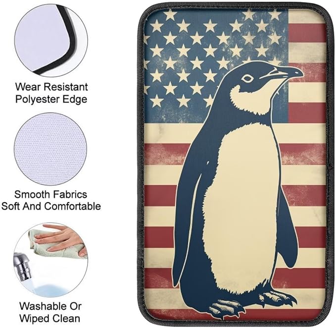 Car Center Console Pad, Universal Waterproof Car Armrest Seat Box Cover, Car Interior Accessories for Most Vehicle SUV Truck Vintage American Flag Penguin Car Armrest Pad
