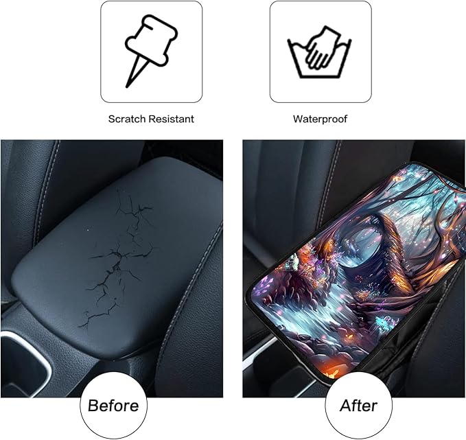 JANENFNA Car Armrest Cover Pads Universal Fashion Cute Auto Center Console Armrest Cover Pad with 2PCS Car Coasters Soft Waterproof Car Armrest Seat Protector for Women,Dream Forest Bridge