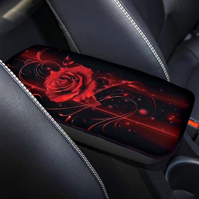 Mintutlipy 3D Red Rose Car Center Console Cover Car Storage Box Mat Car Decoration Universal 12.3×7.5 Inches Armrest Protector for Most Cars