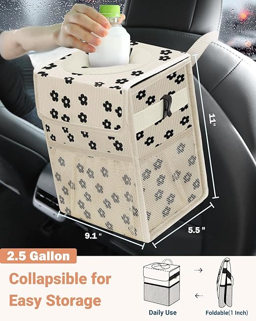 Capolo Car Trash Can with Lid, Leakproof Car Trash Bag Hanging Waterproof Automotive Garbage Can with Storage Pockets Mini Vehicle Trash Bin for Back/Front Seat(Corduroy Black Flower,2.5 Gallon)