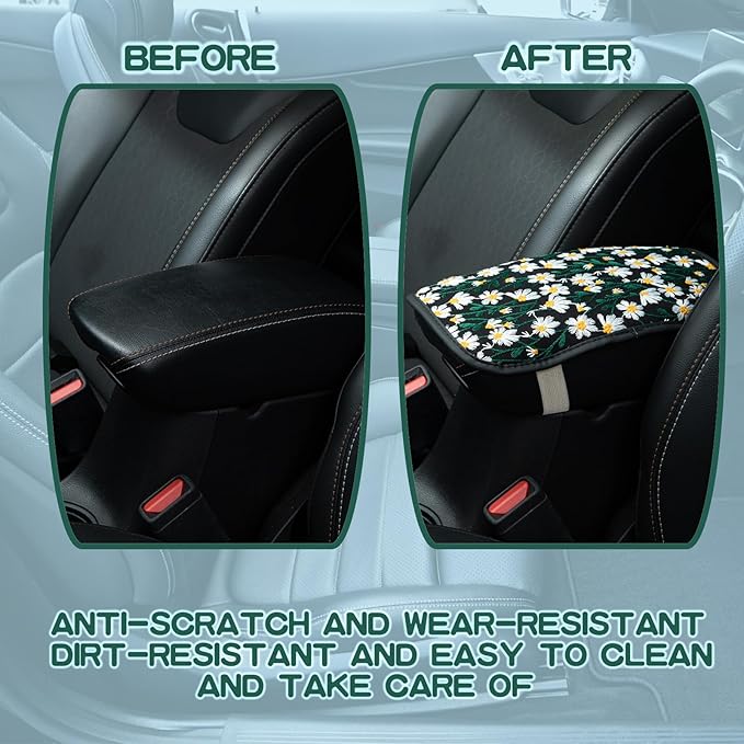 Embroidered Flowers Black Cute Daisy Car Armrest Storage Box Mat,Embroidered Car Center Console Cover, Car Armrest Seat Box Cover Accessories Interior Protection for Most Vehicle, SUV, Truck, Car