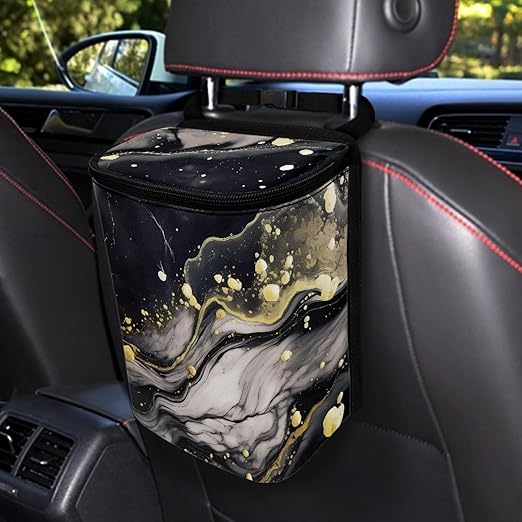 Black Marble Car Trash Can with Lid，Leak-Proof Washable Auto Garbage Bag Interior Accessory Hanging Vehicle Trash Bin for Back Seat，Road Trip