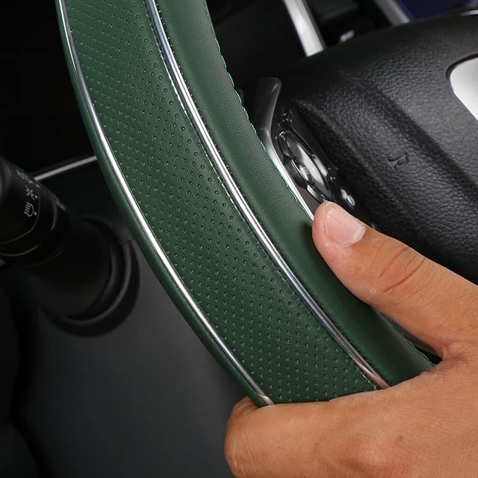 ALEMODR Custom Leather Steering Wheel Cover for Ford F-150, F-250, F-350, Expedition, Green Steering Wheel Protector