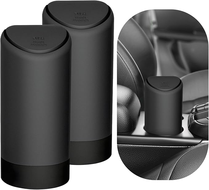 2PCS Mini Car Trash Can with Lid, Portable Silicone Auto Garbage Container for Cup Holder, Multipurpose Trash Bin for Car Home Office, Waterproof Leakproof Small Vehicle Trash Can (Black)