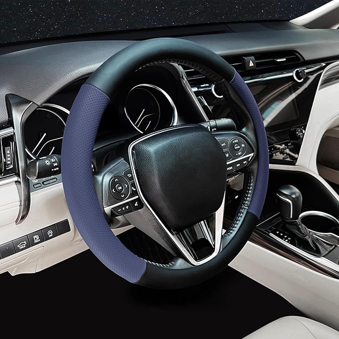 Mihecor Steering Wheel Cover Standard Size 14.5-15 inch, Non-Slip Car Wheel Cover Protector, Breathable Microfiber Leather, Black and Blue