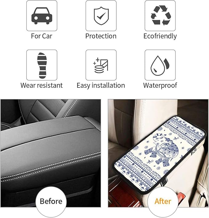 Universal Car Center Console Cushion Pad, Blue Elephant Soft Waterproof Car Center Console Cover Auto Armrest Seat Box Cover Protector for Most Vehicle SUV Truck Car