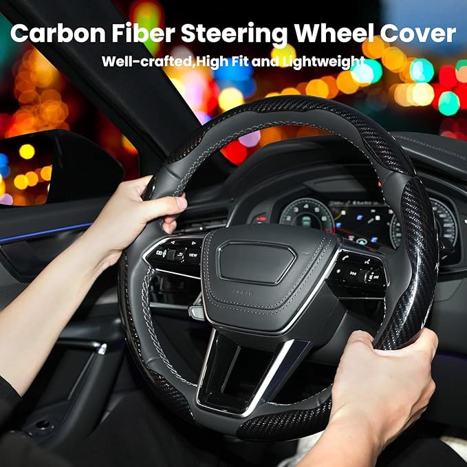 Carbon Fiber Steering Wheel Cover 3PCS Set – Anti-Slip, Scratch-Resistant, Universal Fit for 14–16 Inch Wheels – Interior Car Accessories for Cars, SUVs, Trucks (Black)