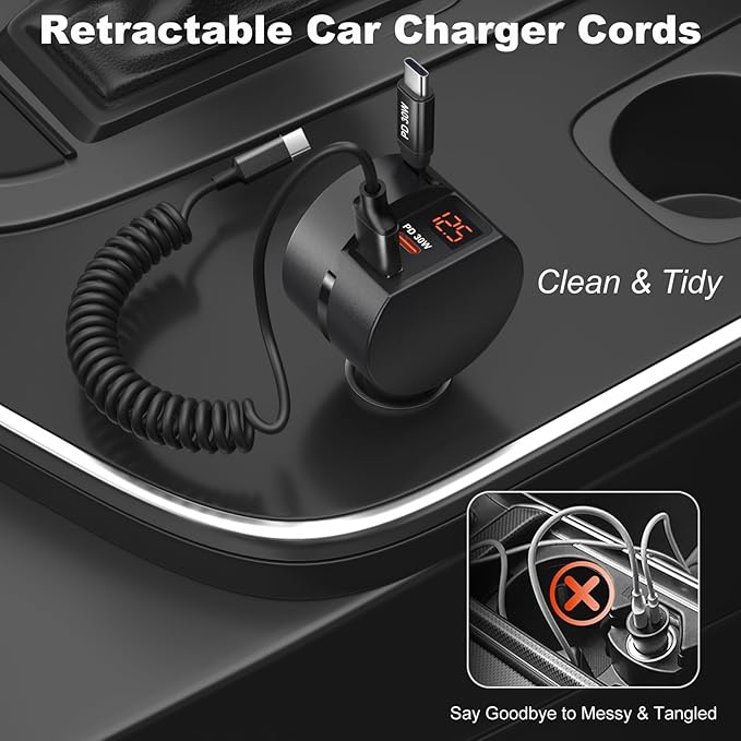 78W Retractable Car Charger USB C, OKRAY 3-Port 12v Cigarette Lighter Adapter PD30W Fast Charging Type C Car Phone Charger & Coiled USB C Cables for iPhone 17 Air 16 15 Pro, Samsung Galaxy S25 S24 A16