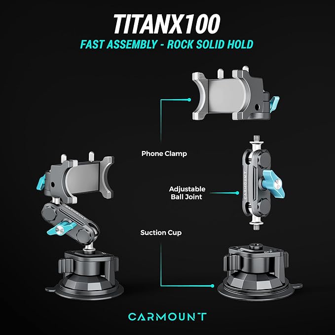 CARMOUNT TitanX100 – Suction Cup Phone Mount for Car & Truck – Heavy Duty Metal Phone Holder, Windshield Phone Mount for iPhone, Android, GPS & All Devices