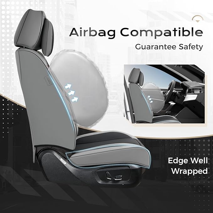 Coverado Seat Covers Full Set, 5 Seats Seat Covers for Cars, Waterproof Nappa Leather Car Seat Covers with Head Pillow, Seat Protectors Car Seat Cushion Universal Fit for Most Cars (Gray&Black)