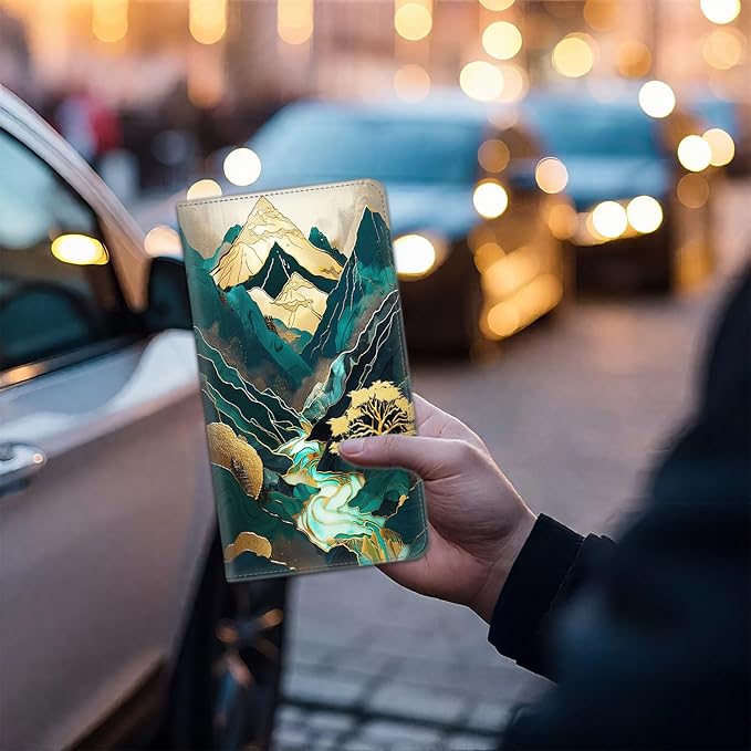 Car Registration Holder, Waterproof PU Leather Vehicle Card Document Glove Box Organizer, Women Interior Auto Accessories Case for Cards, Driver License Car Insurance Holder, Abstract Mountain Art