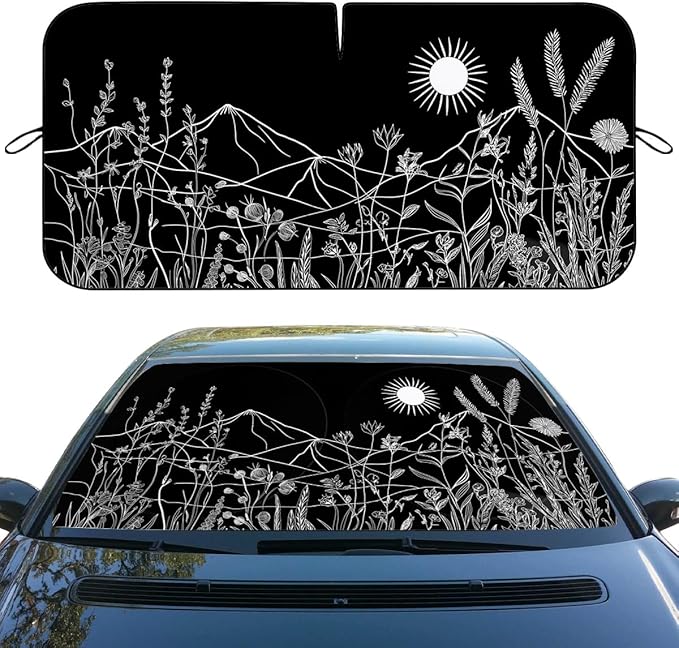 White Ink Line Car Windshield Sunshades Wildflowers Mountains Sun Vines Front Window Sun Shade Blocks UV Rays Sun Visor Protector for Car Sedan Truck SUV Accessories 59" L x 31.5" W