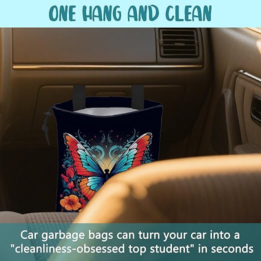 KXWQTRDD Car Garbage Bag Colorful Butterfly with Flowers Hanging Canvas Car Trash Bag Waterproof Drawstring Car Back Seat Organizer for Car Back Front Seat Console with Adjustable Buckle