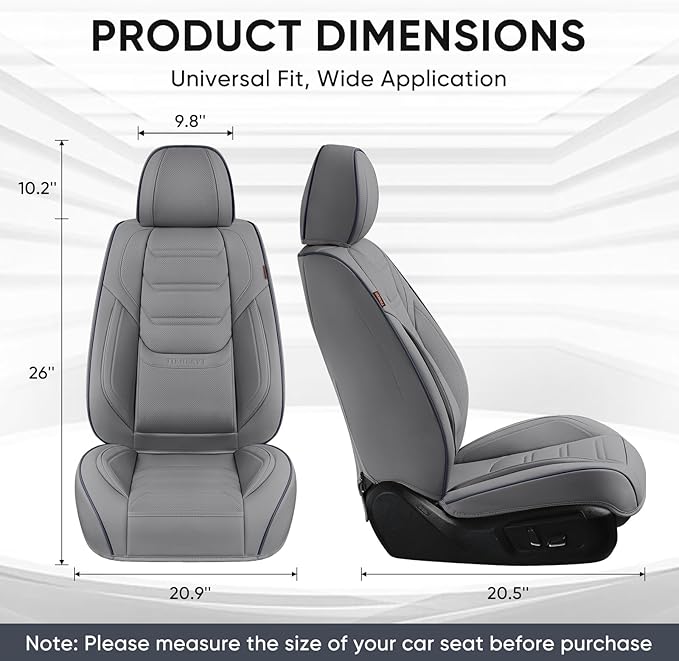TIEHESYT Leather Seat Covers Front Pair with Lumbar Support & Headrest, Breathable and Waterproof Car Seat Cover, Universal Seat Covers for Cars, Trucks, SUVs, Airbag Compatible, Gray