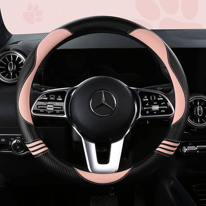 Car Steering Wheel Covers for Women Girl Padded Carbon Fiber PU Leather Cute Cartoon Auto Interior Accessories for Jeep, Truck, Universal, Anti Slip, Pink, Large Size, 15.2-16in