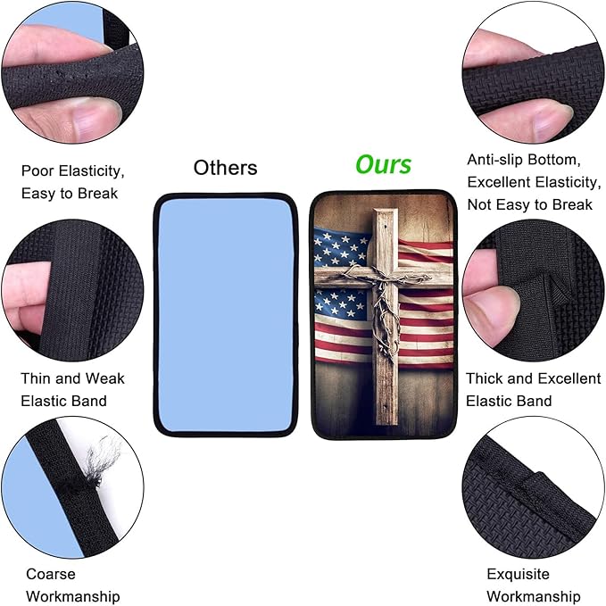 JANENFNA Car Armrest Cover Pads Universal Fashion Cute Auto Center Console Armrest Cover Pad with 2PCS Car Coasters Soft Waterproof Car Armrest Seat Protector for Women,Wooden Cross Flag