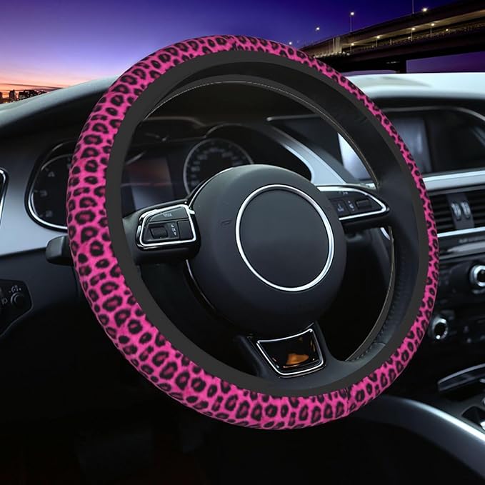 Pink Leopard Steering Wheel Cover for Women Men Girls Car Accessories Decor Anti-Slip Neoprene Auto Steering Wheel Covers Protector Universal 15 Inch