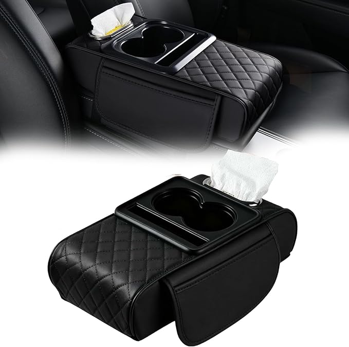 Multifunctional PU Leather Car Armrest Box Mat Organizer with Cup Holders, Universal 5-in-1 Car Armrest Storage Box Mat with Central Elbow for Most Cars (Black)