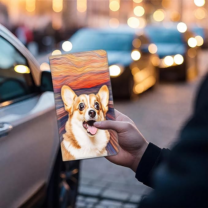 Car Registration Holder, Waterproof PU Leather Vehicle Card Document Glove Box Organizer, Women Interior Auto Accessories Case for Cards, Driver License Car Insurance Holder, Corgi Dog Oil Painting