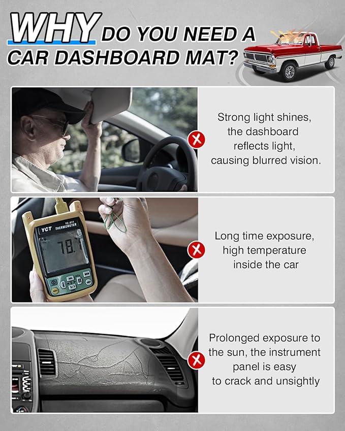 CARTIST Dash Cover Compatible with Ford F100/ F250/ F350 Pickup Truck 1967-1972 Dashboard Cover Mat Non-Slip Carpet Sunshield Glare UV Rays Protector