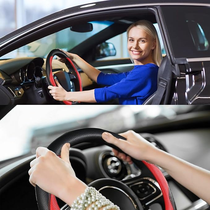Steering Wheel Cover, Anti Slip Breathable Comfort PU Imitation Leather Cute Car Accessories for Women Girl, Universal Protector in All Season 15 inch Fit Most Car(Red)