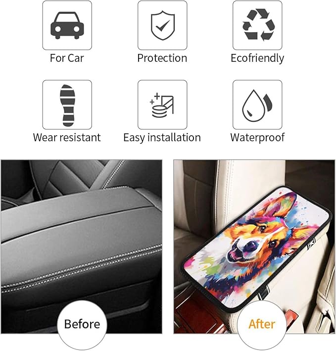 indokyeyqaz Universal Car Center Console Cushion Pad, Colorful Cute Corgi Dog Soft Waterproof Car Center Console Cover Auto Armrest Seat Box Cover Protector for Most Vehicle SUV Truck Car